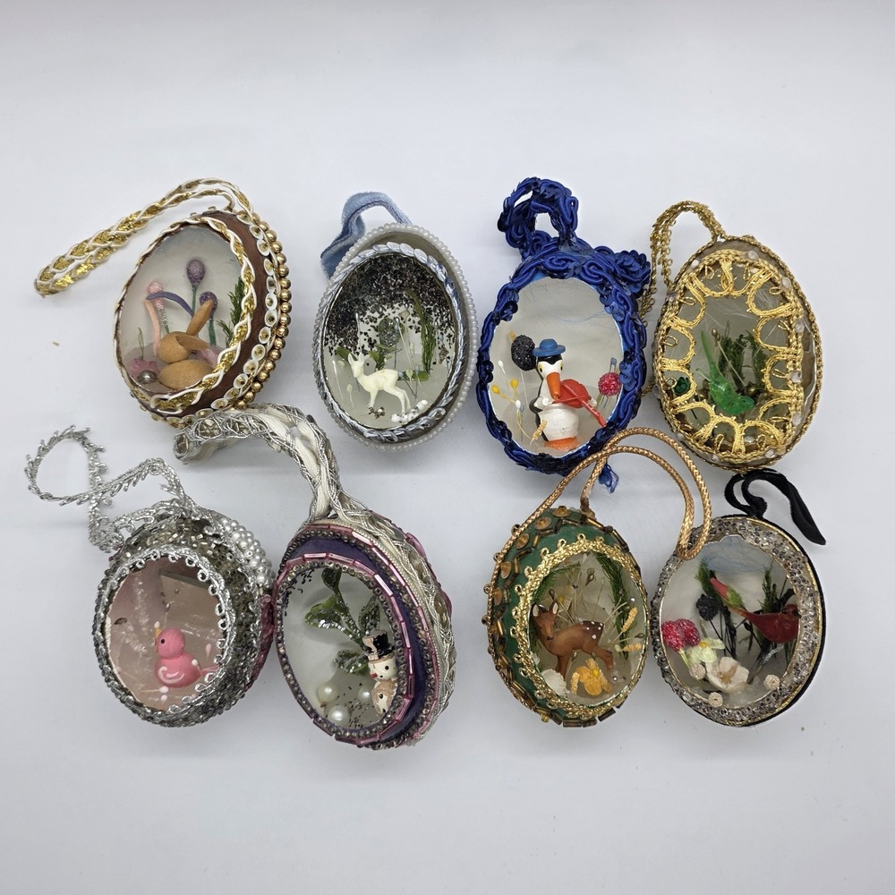 Lot of 8 Vintage Nature Diorama Egg Christmas Tree Ornaments Snowman Bunny Birds